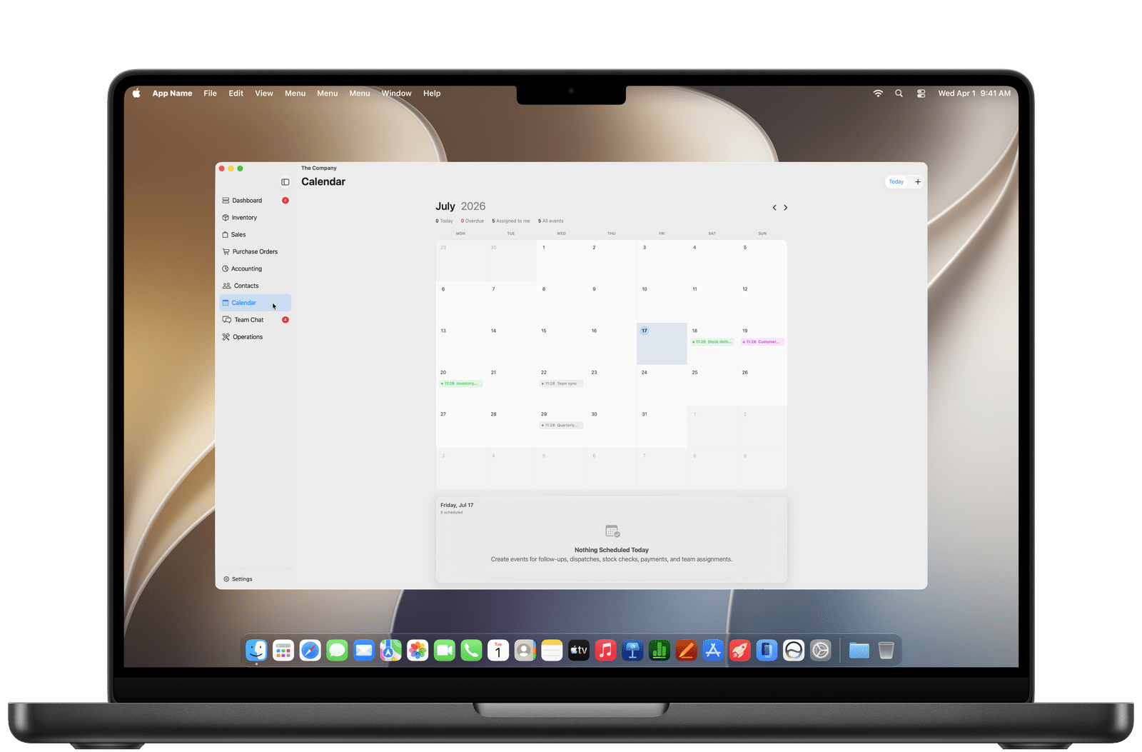 Shared team calendar with deliveries, inventory work, and customer events